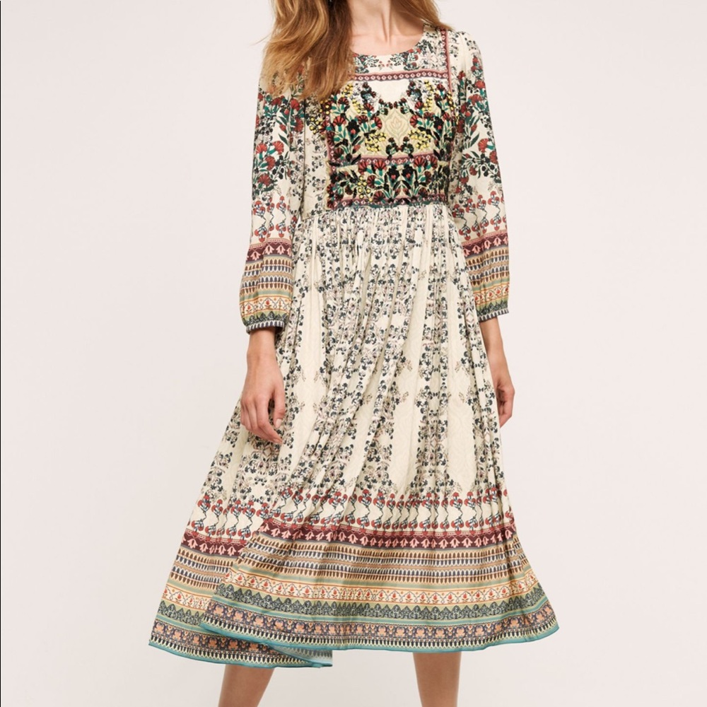 ANTHROPOLOGIE FAR FIELDS PRINTED BEADED MIDI DRESS